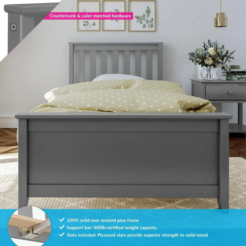 Twin Bed Frame with Slatted Headboard in Grey