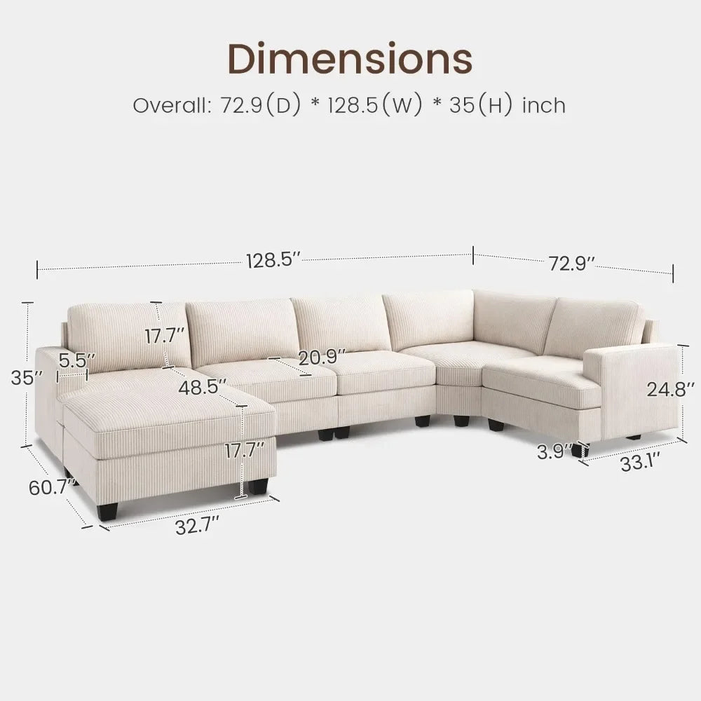 Sectional Sofa with Storage Ottoman, U Shape Sectional Couch Corduroy