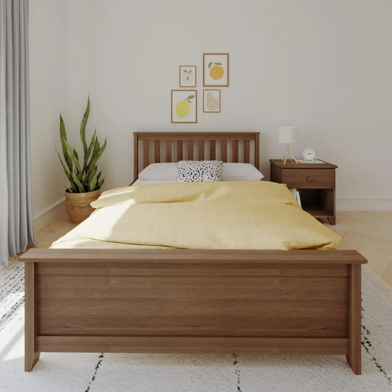 Full Size Wood Bed Frame with Slatted Headboard