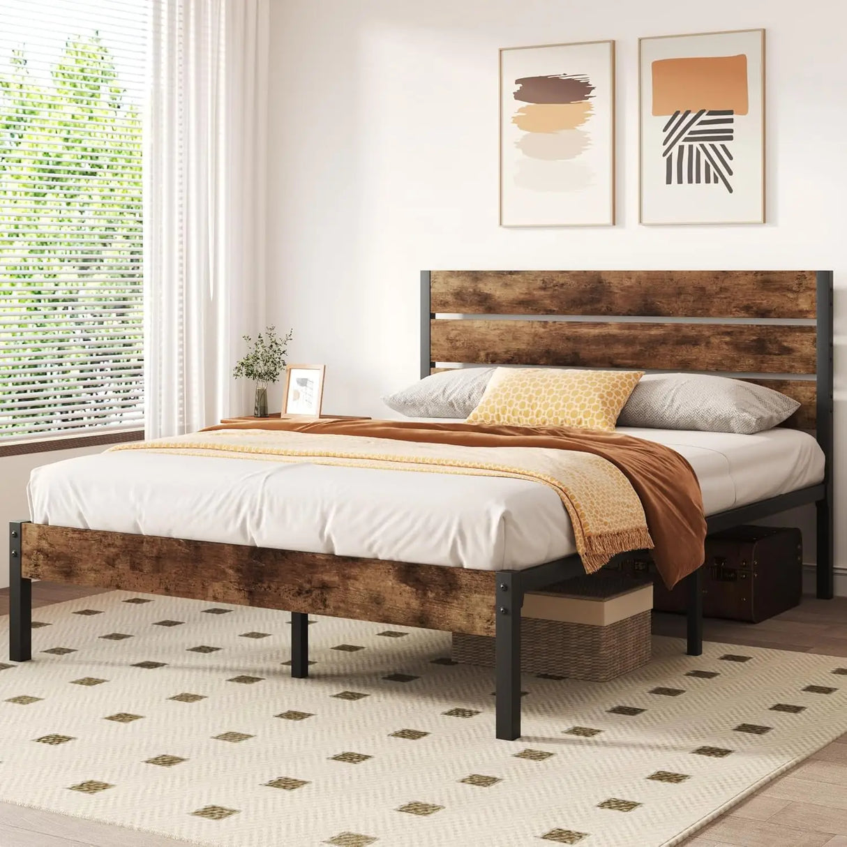 Bed Frame with Wooden Headboard and Footboard - 14 Inch Metal Platform Bed - Queen Full and Twin