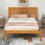 Twin Platform Bed Frame with Headboard & Wood Slat Support in Oak