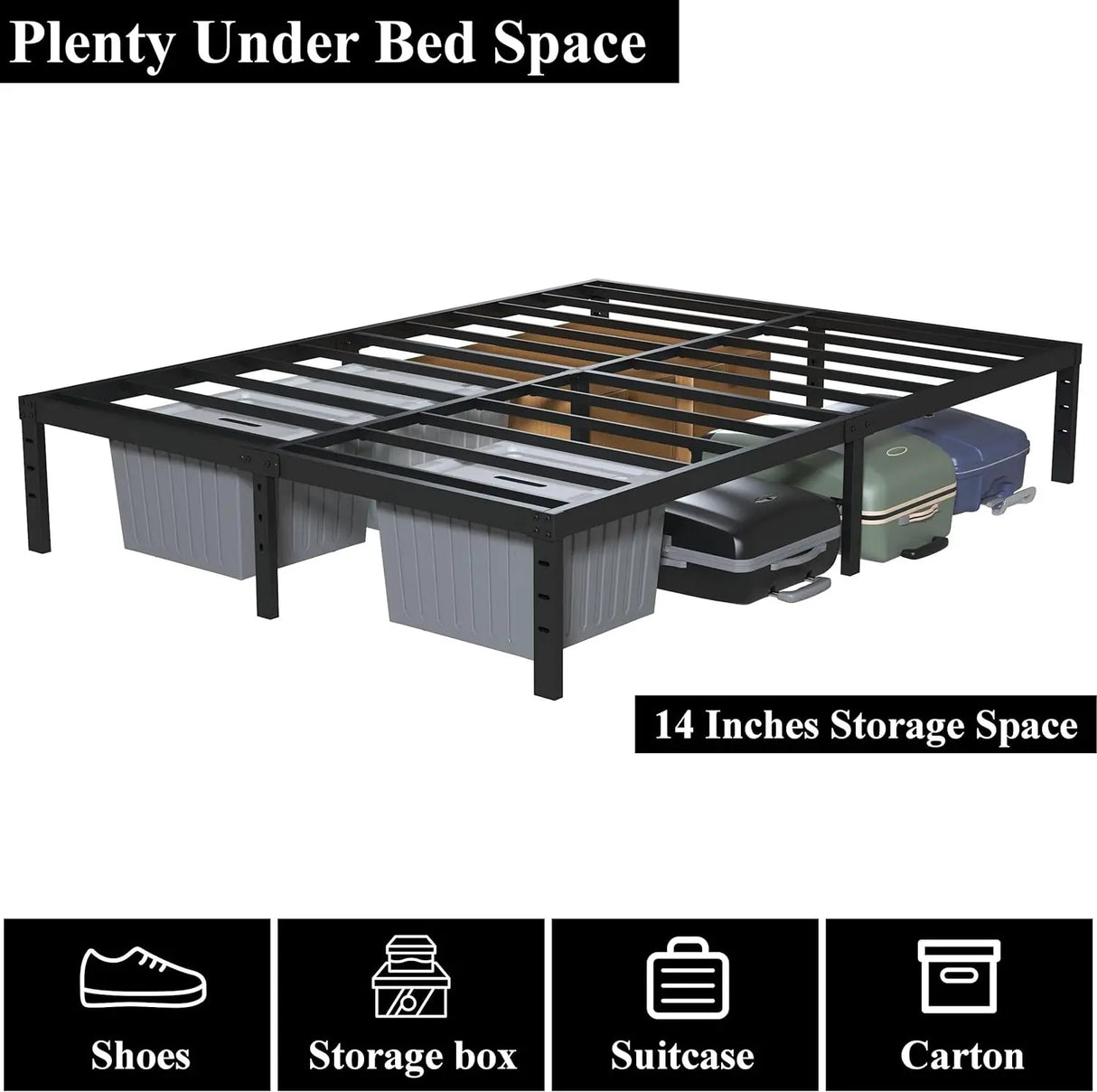 16 Inch Metal Platform Bed Frame Platform - Full, Twin, Full, Queen, King - 14 Inch Storage