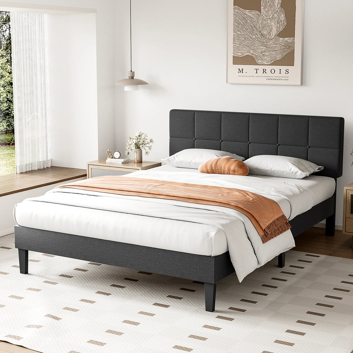 Queen Bed Frame with Adjustable Headboard - Linen Upholstered Wooden Platform Bed Frame with Wood Slats