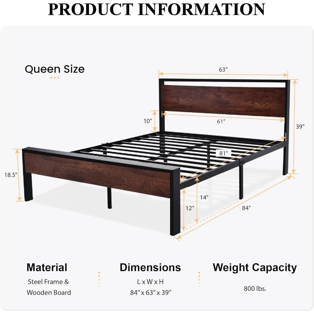 Queen Size Metal Platform Bed Frame with Wooden Headboard and Footboard