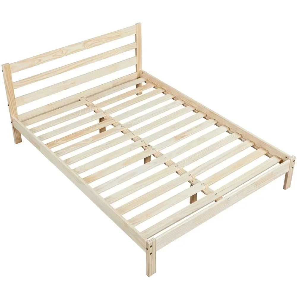 Queen Size Bed Frame - Pine Wood - With Headboard and Slats