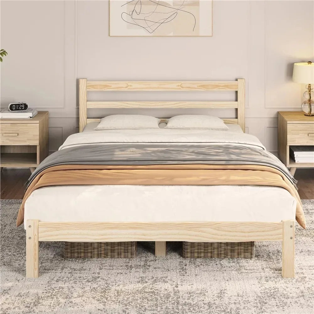 Queen Size Bed Frame - Pine Wood - With Headboard and Slats