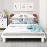 Full Size Wood Upholstered Platform Bed with Bear-Shaped Headboard & Embedded LED Stripe, White with Slat Support