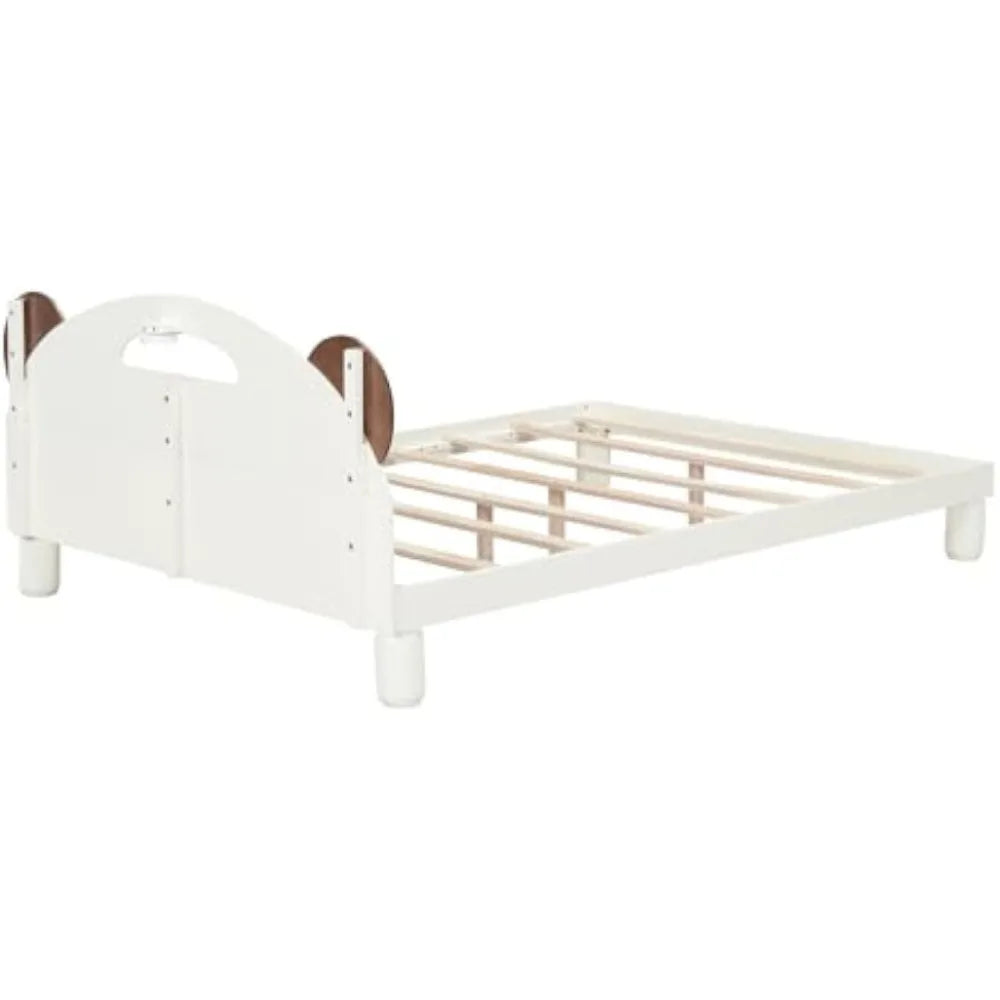 Full Size Wood Upholstered Platform Bed with Bear-Shaped Headboard & Embedded LED Stripe, White with Slat Support