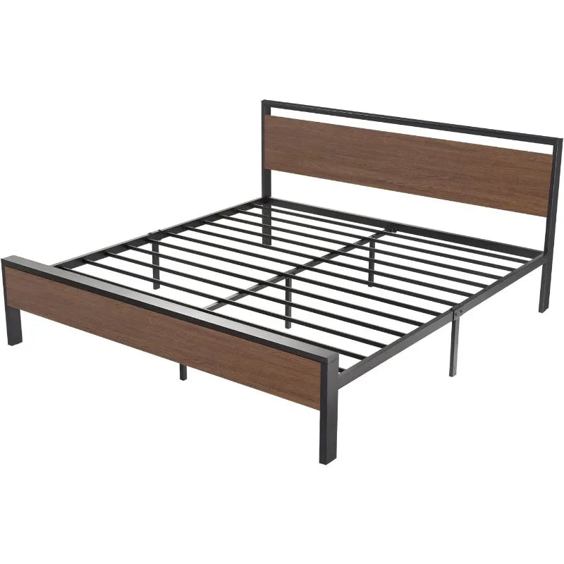 14 Inch Queen Size Metal Platform Bed Frame with Wooden Headboard and Footboard