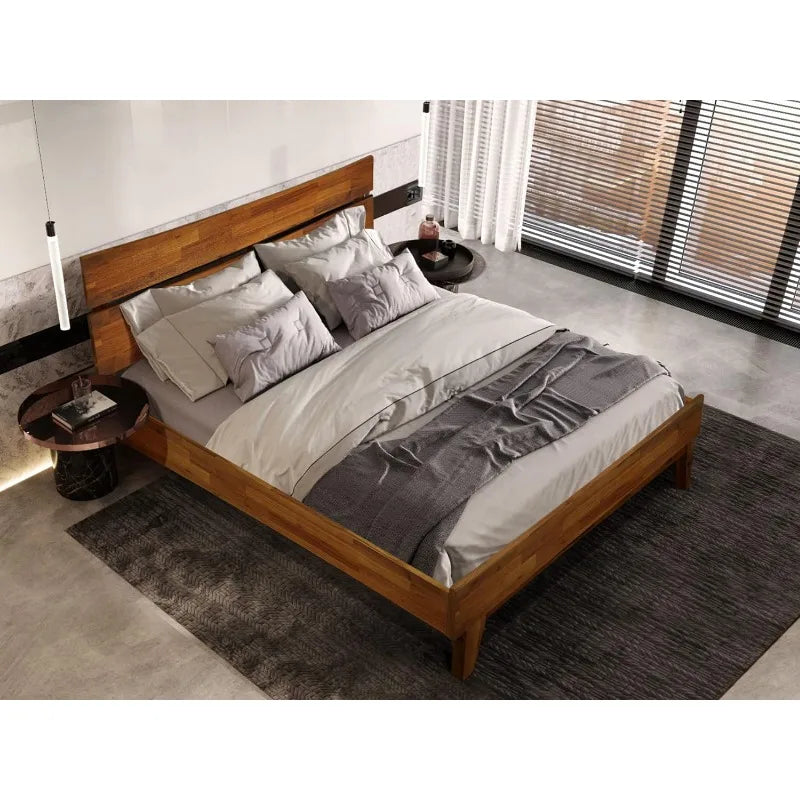 Queen Bed Frame and Headboard - Solid Wood Platform Bed Caramel