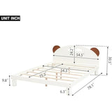 Full Size Wood Upholstered Platform Bed with Bear-Shaped Headboard & Embedded LED Stripe, White with Slat Support