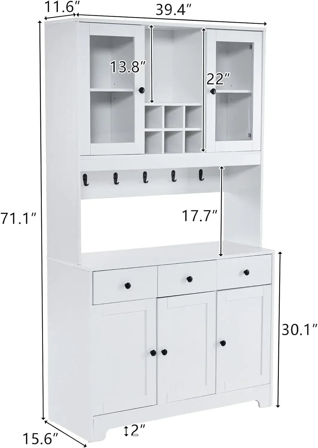 Kitchen Pantry Buffet Cabinet Hutch With Storage in White, Freestanding with Large Countertop