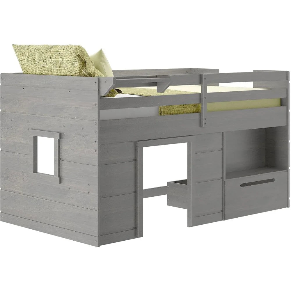 Twin Low Loft Bed with Storage Drawer and Ladder - Modern Farmhouse