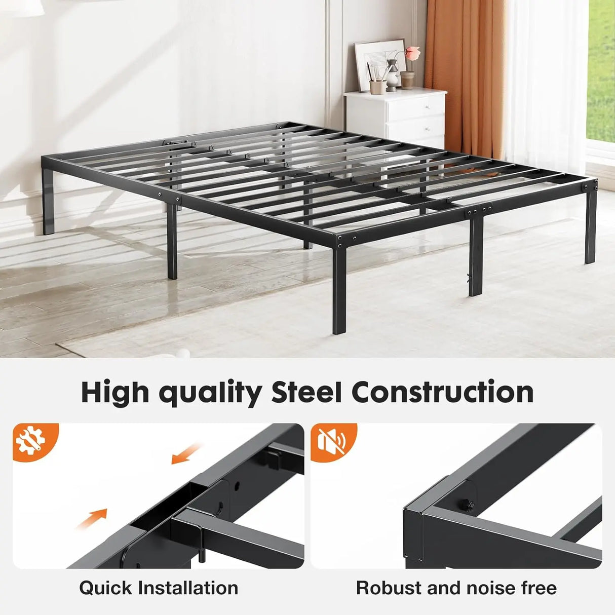 Queen Metal Bed Frame - No Box Spring Needed with Storage Space, 14 Inches High