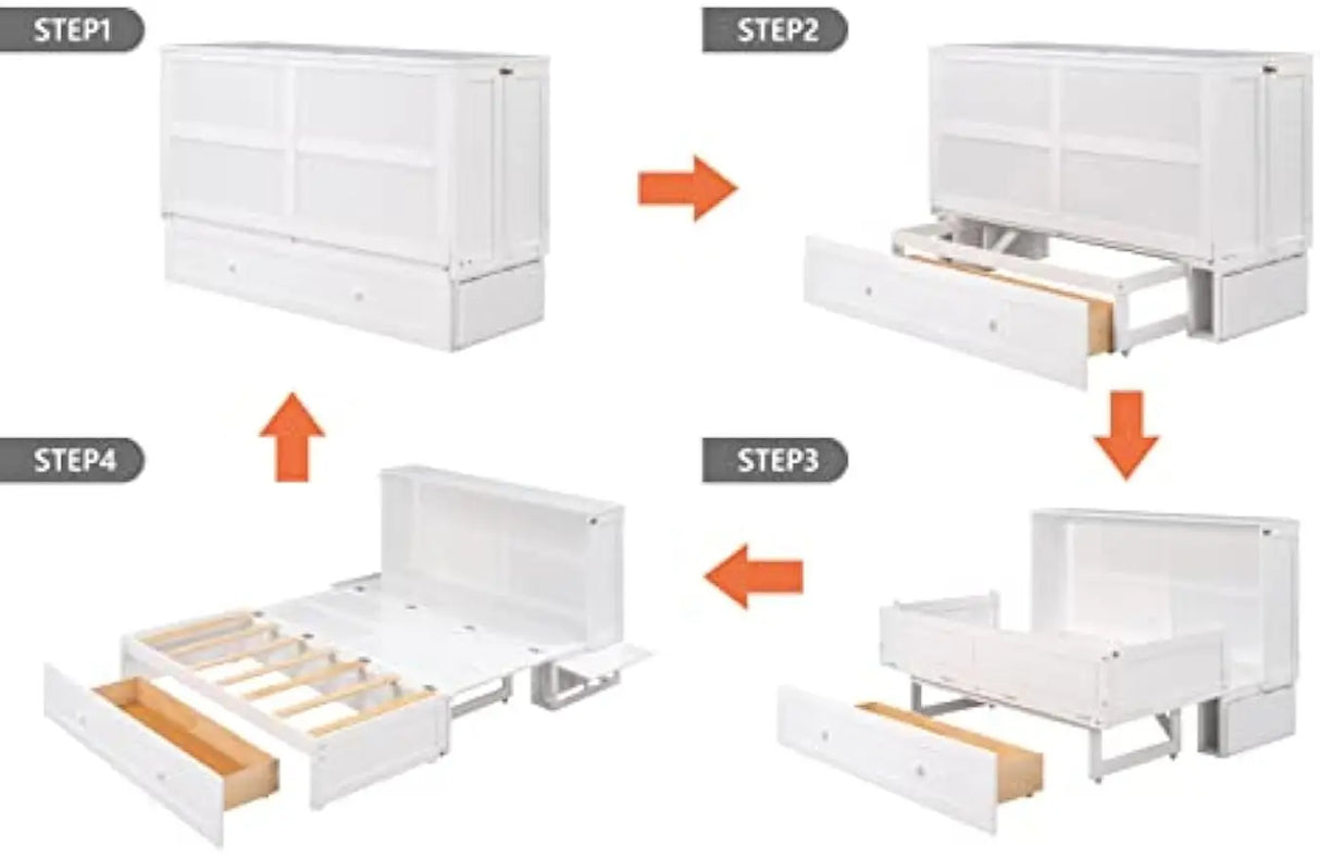 Queen Size Murphy Bed with Drawer and Shelves in White