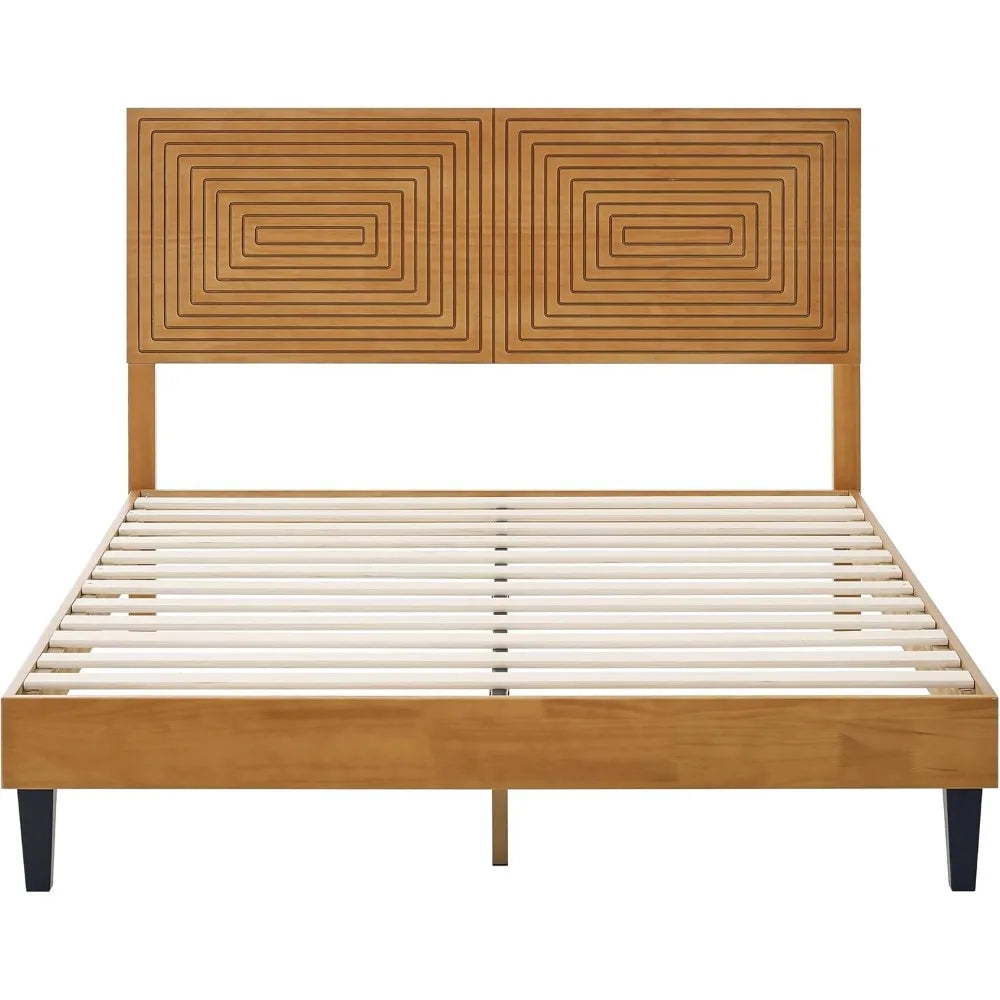 Mid Century Modern Solid Wood Platform Bed Frame with Adjustable Height Headboard and Wood Slat Support