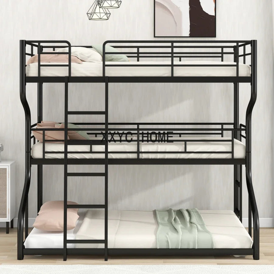 Full XL over Twin XL over Queen Size Triple Bunk Bed with Safety Guardrail and Ladder With Metal Frame