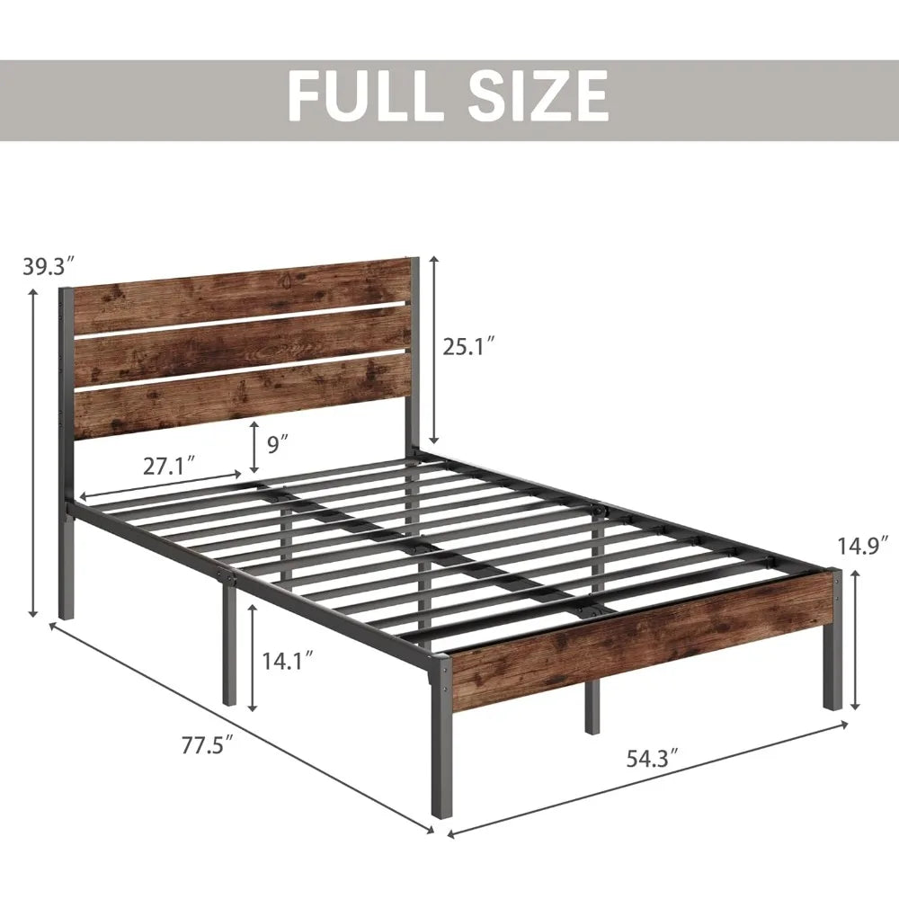 Full Bed Frame with Headboard & Footboard Metal Frame - Grey and Brown