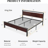 14 Inch Queen Size Metal Platform Bed Frame with Wooden Headboard and Footboard