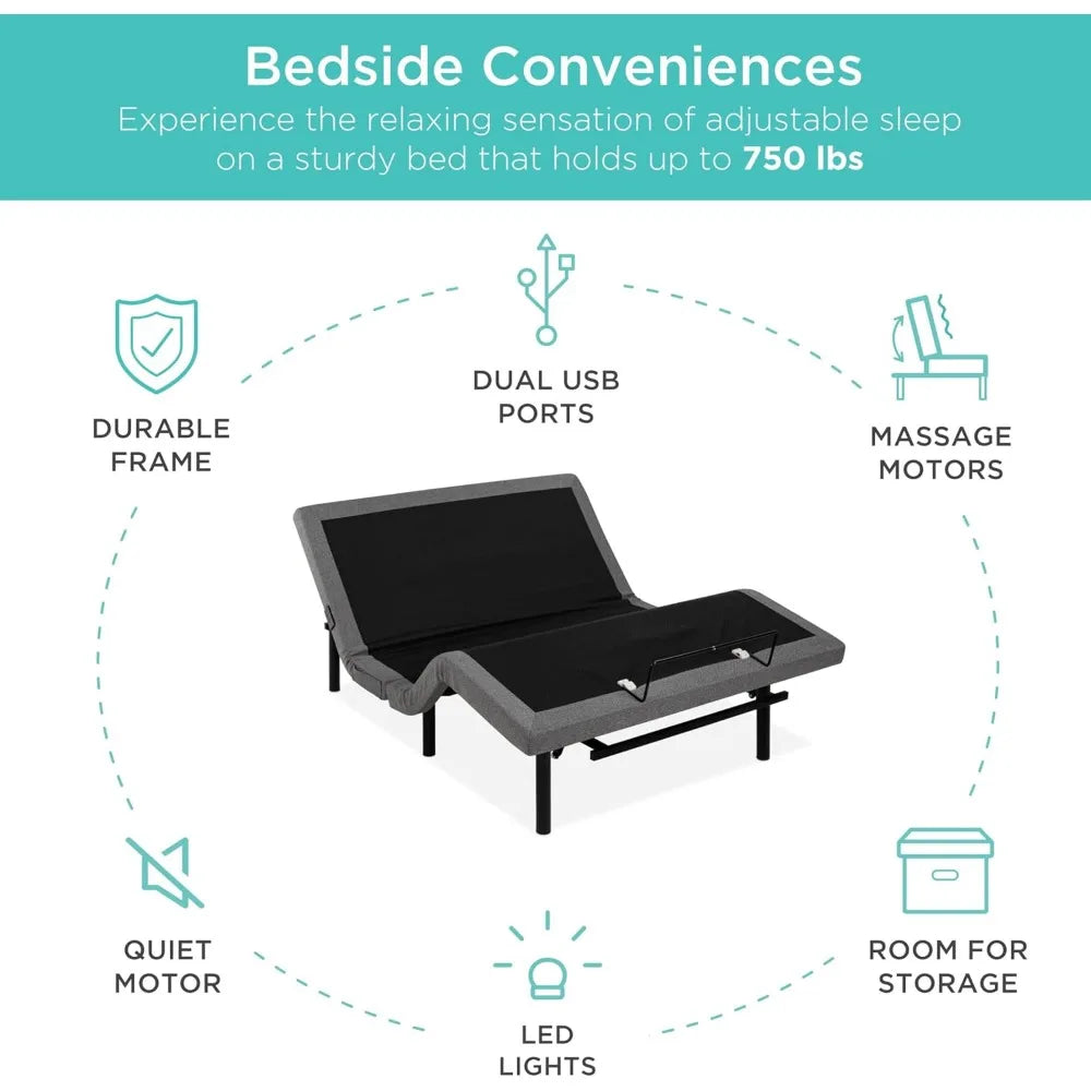 Adjustable Bed Frame in Twin-XL, Queen, King - Zero Gravity Base for Stress Management