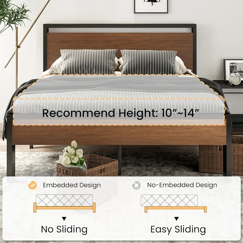 14 Inch Queen Size Metal Platform Bed Frame with Wooden Headboard and Footboard