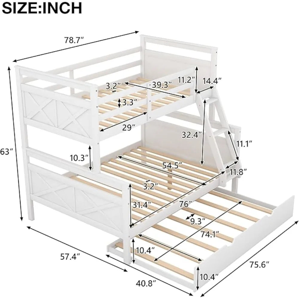 Twin Over Full Bunk Bed Trundlein White Wood