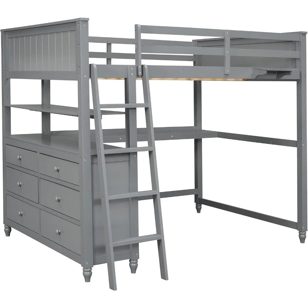 Loft Bed with Desk and Storage Drawers and Shelves