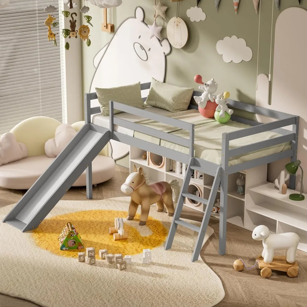 Low Twin Loft Bed with Slide, Climbing Ladder & Storage Space