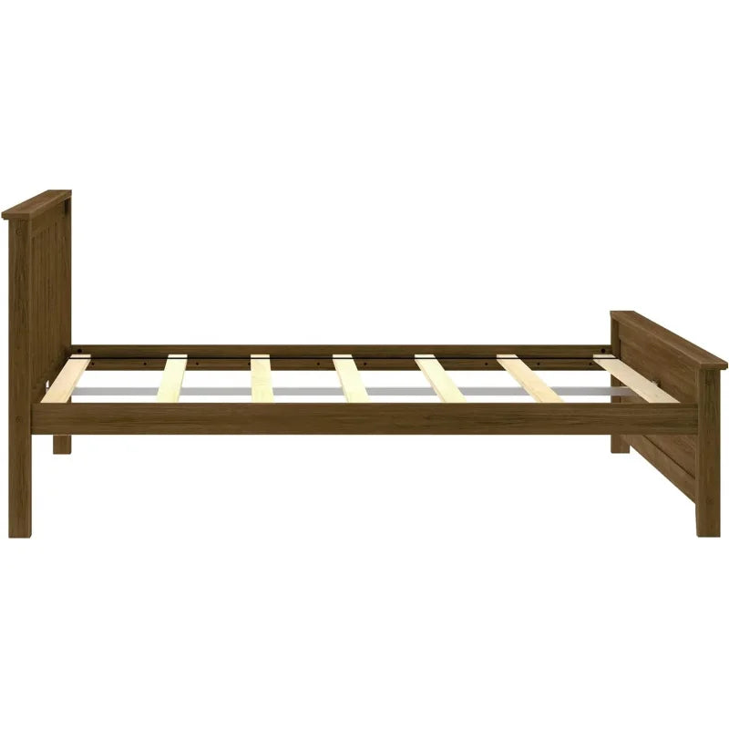 Full Size Wood Bed Frame with Slatted Headboard