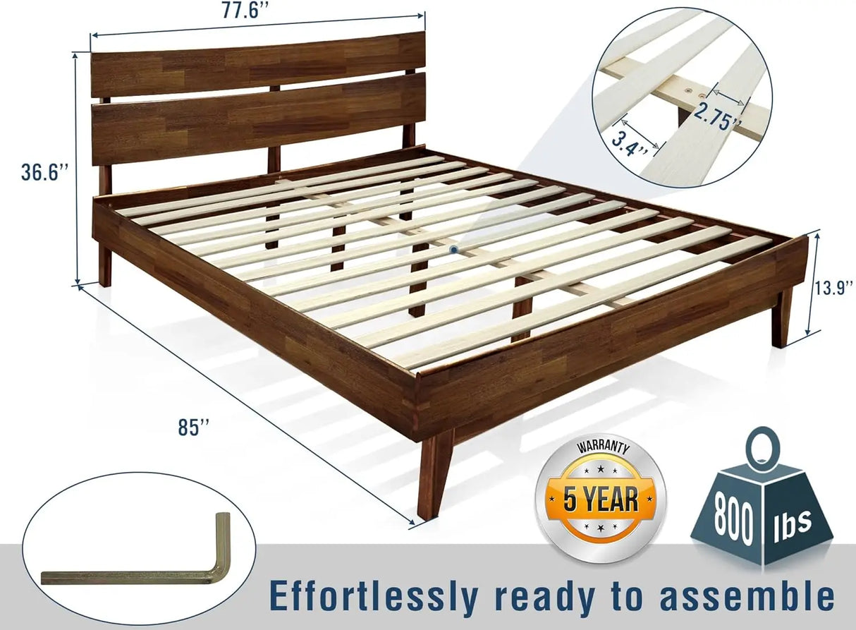 Acacia Aurora King Wooden Bed Frame with Headboard - Platform Bed with Wood Slat Support