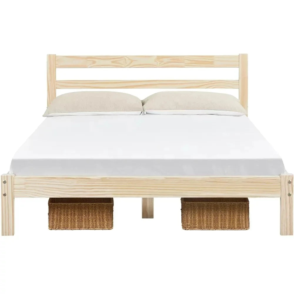 Queen Size Bed Frame - Pine Wood - With Headboard and Slats