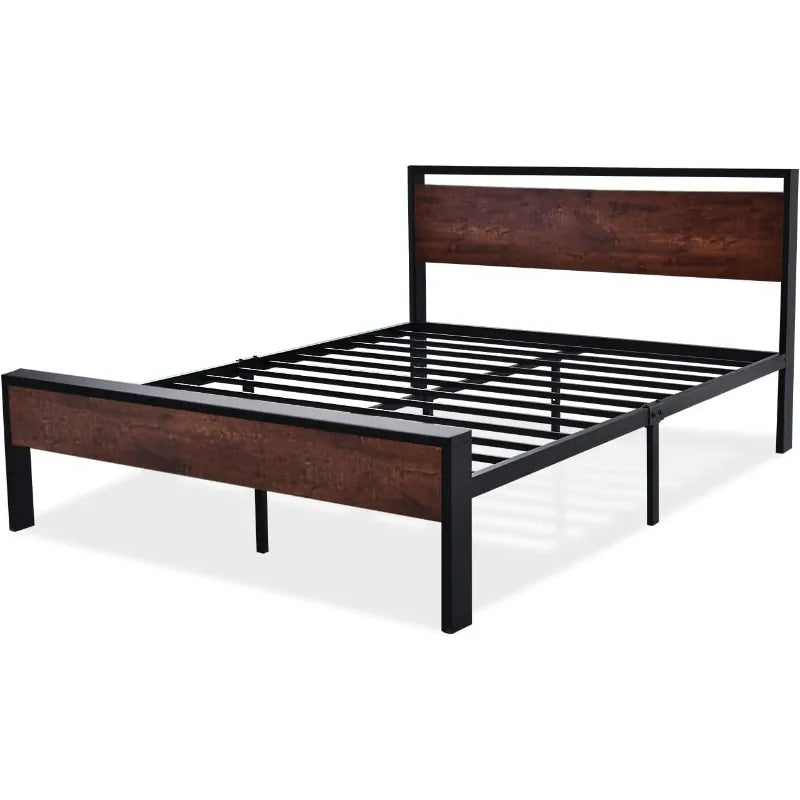 14 Inch Queen Size Metal Platform Bed Frame with Wooden Headboard and Footboard