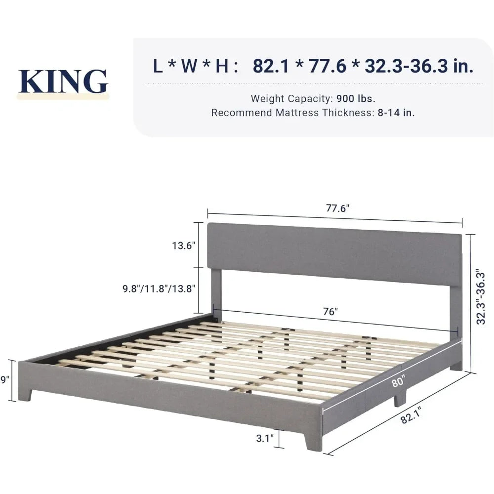 Platform Bed Frame With Adjustable Upholstered Headboard in Gray or Black for King, Queen, Or Full Size Bed Frame