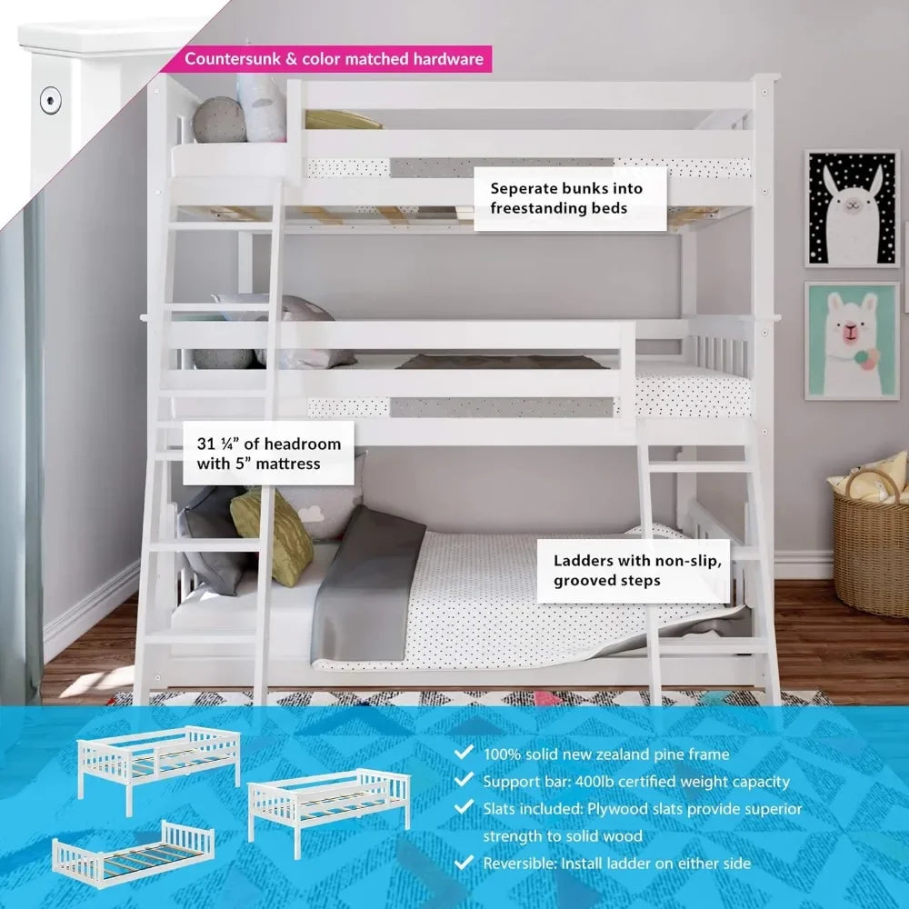 Triple Twin Bunk Bed - Solid Wood For Kids