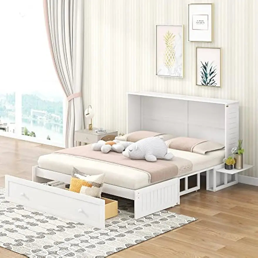 Queen Size Murphy Bed with Drawer and Shelves in White