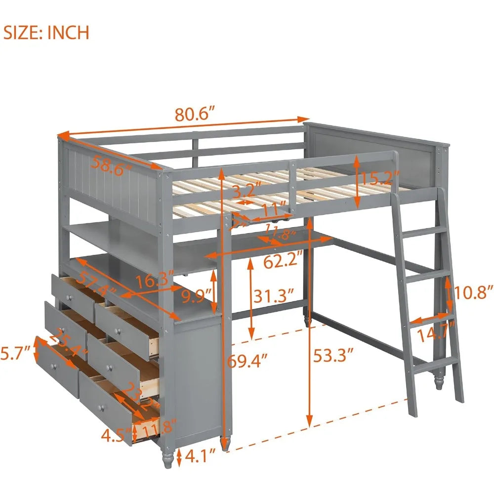 Loft Bed with Desk and Storage Drawers and Shelves