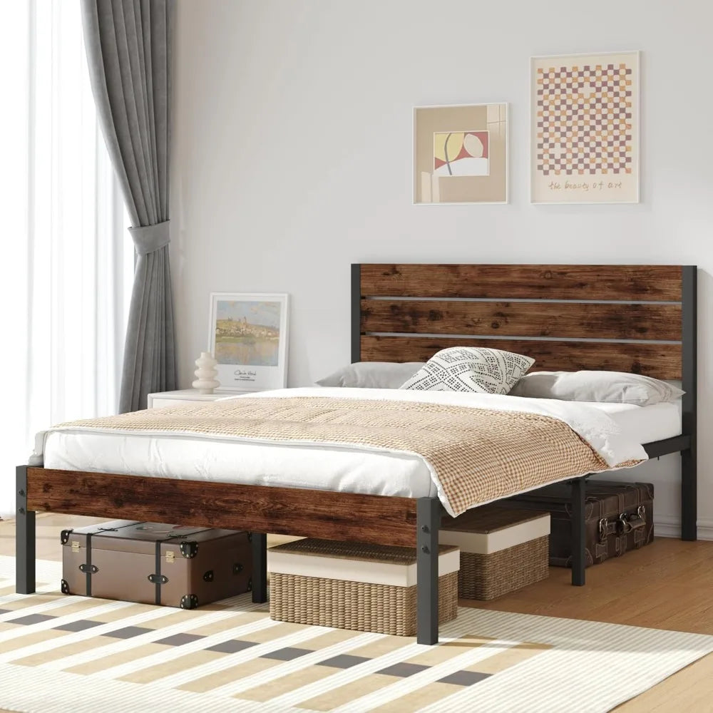 Full Bed Frame with Headboard & Footboard Metal Frame - Grey and Brown