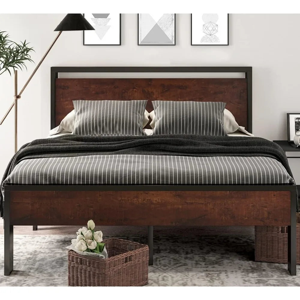 Queen Size Metal Platform Bed Frame with Wooden Headboard and Footboard