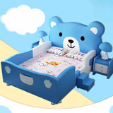 Children's Teddy Bear Bed Solid Wood - Blue Full Size Bed With Guardrail