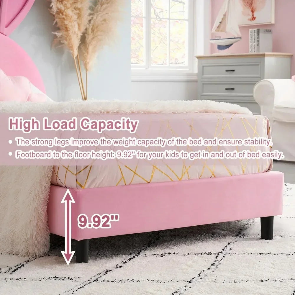 Pink Bunny Twin Bed Frame- Wooden Slats - Padded Bunny headboard