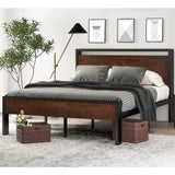 Queen Size Metal Platform Bed Frame with Wooden Headboard and Footboard