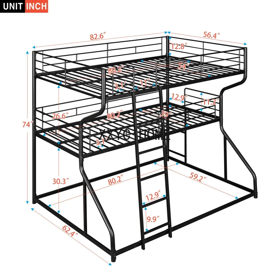 Full XL over Twin XL over Queen Size Triple Bunk Bed with Safety Guardrail and Ladder With Metal Frame