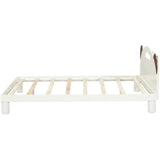 Full Size Wood Upholstered Platform Bed with Bear-Shaped Headboard & Embedded LED Stripe, White with Slat Support