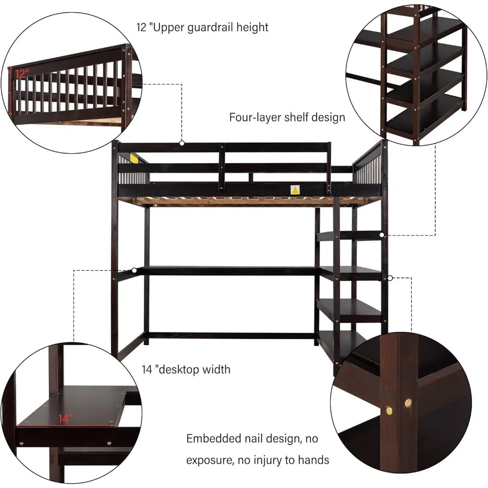 Twin Size Loft Bed with Desk and Shelves