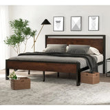 14 Inch Queen Size Metal Platform Bed Frame with Wooden Headboard and Footboard