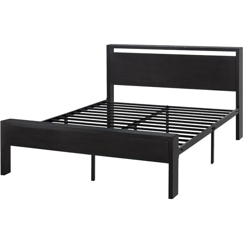 14 Inch Queen Size Metal Platform Bed Frame with Wooden Headboard and Footboard