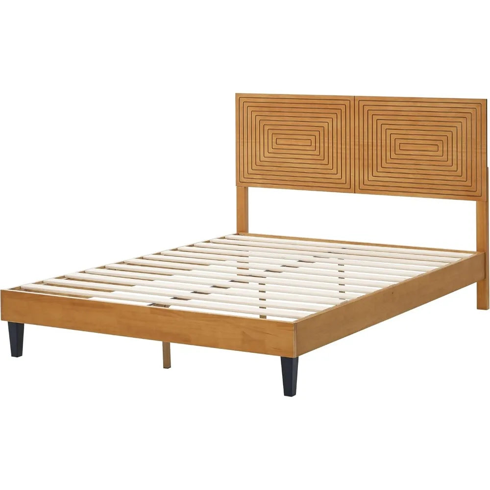 Mid Century Modern Solid Wood Platform Bed Frame with Adjustable Height Headboard and Wood Slat Support