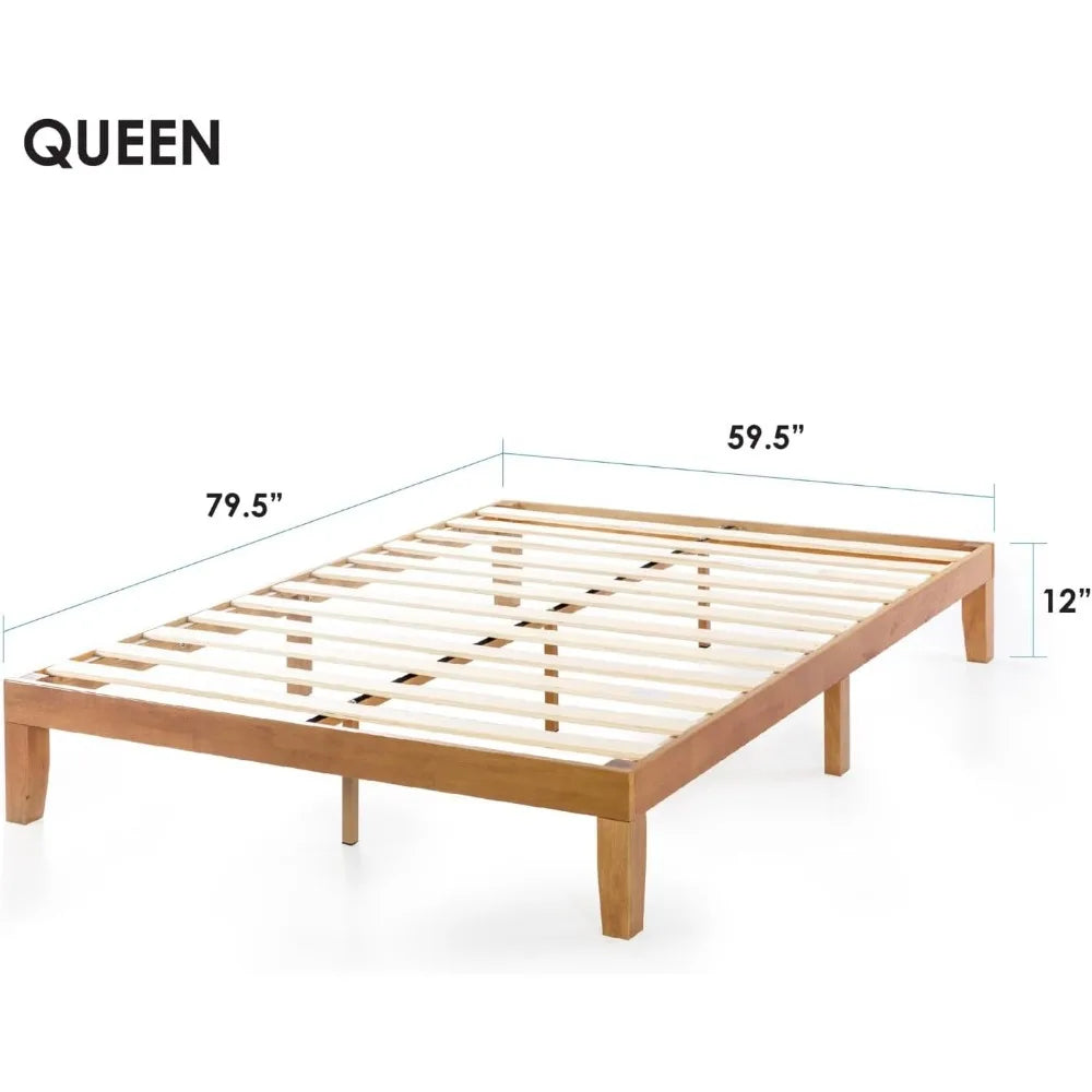 Queen Size 12" Classic Solid Pine Wood Platform Bed Frame w/Wooden Slats Natural