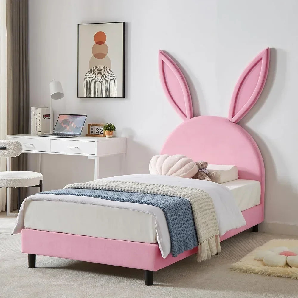 Pink Bunny Twin Bed Frame- Wooden Slats - Padded Bunny headboard