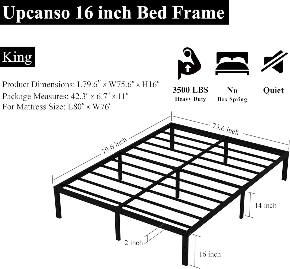 16 Inch Metal Platform Bed Frame Platform - Full, Twin, Full, Queen, King - 14 Inch Storage